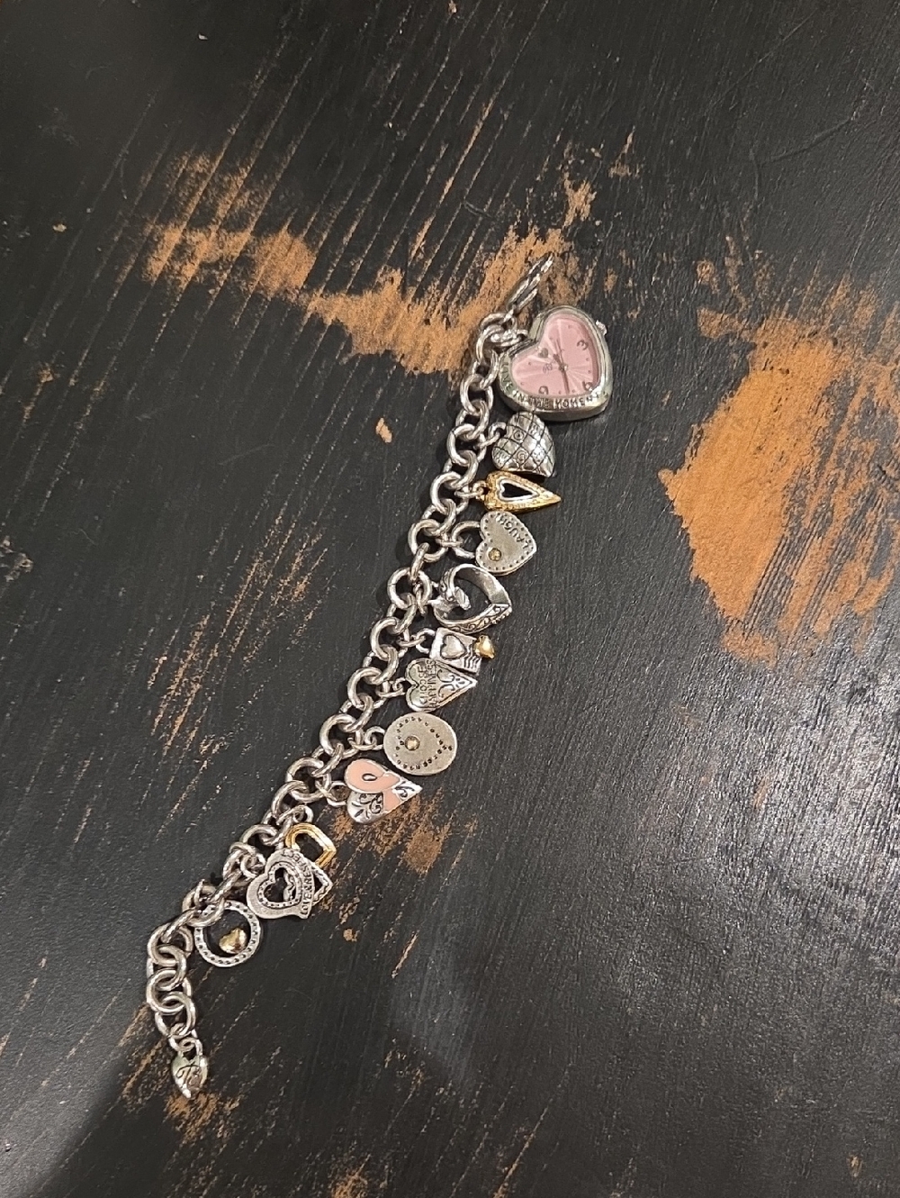 Silver Tone Heart Charm Bracelet with Pink Heart Watch Charm